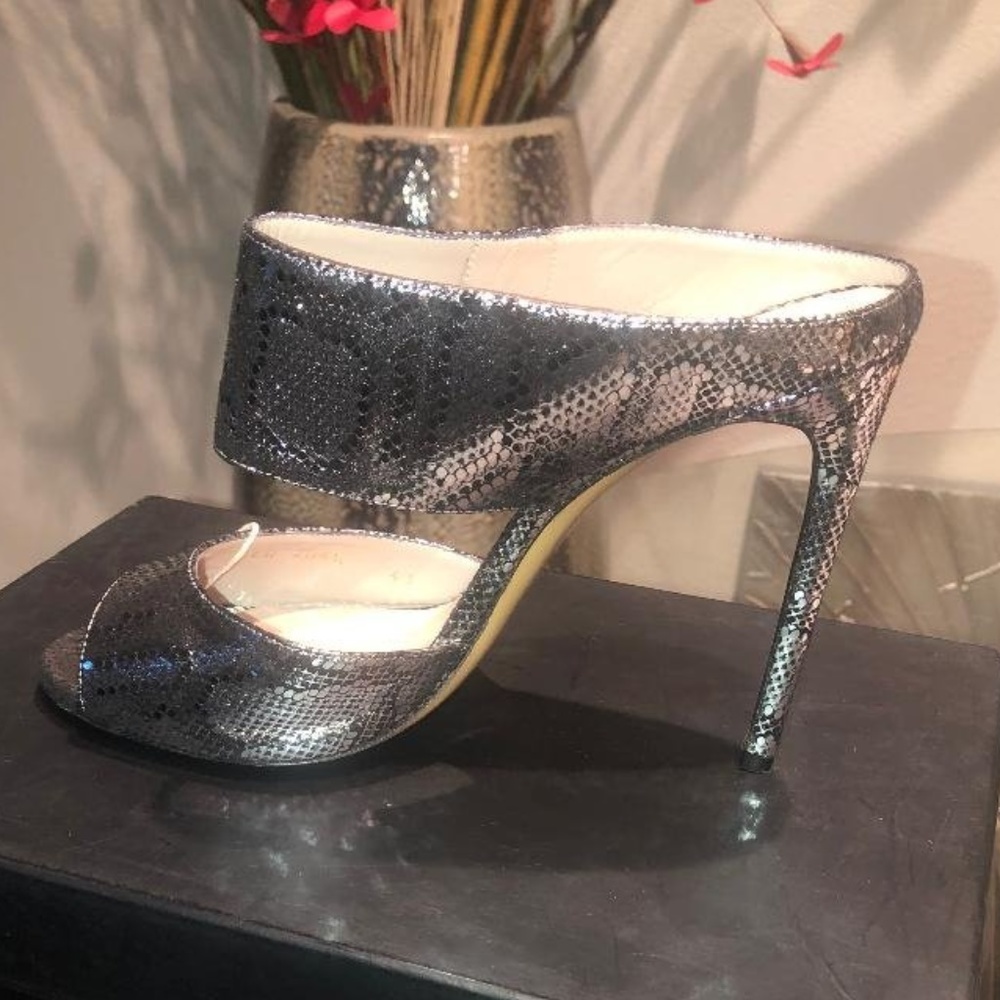 Silver and Black Snake Print Mule Sandals